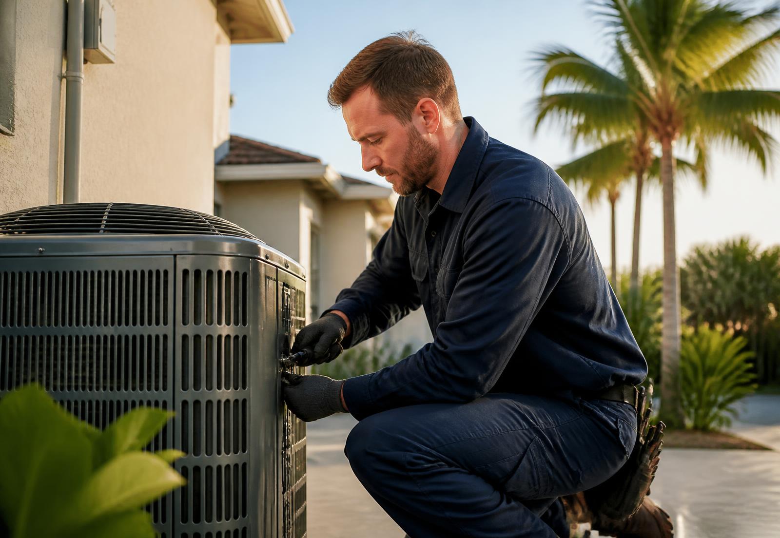 Technician servicing an outdoor air conditioning unit at a Florida home